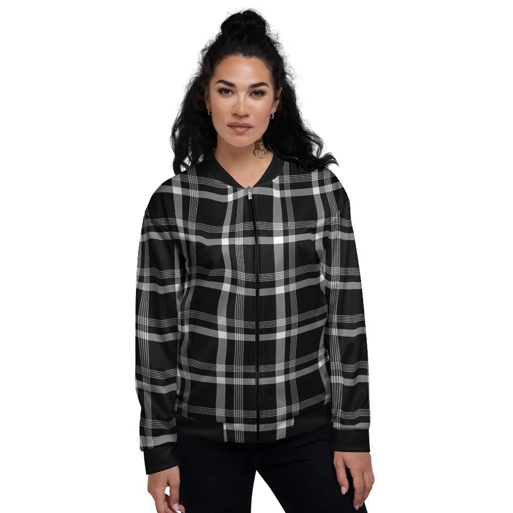 Tartan White And Black Print Pattern Women's Bomber Jacket-grizzshop