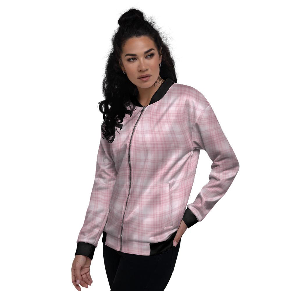 Tartan White And Pink Print Pattern Women's Bomber Jacket-grizzshop