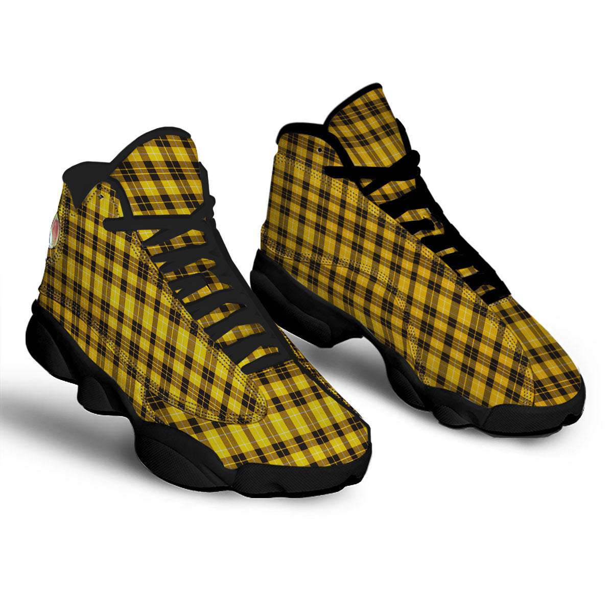 Tartan Yellow And Black Print Pattern Black Basketball Shoes-grizzshop