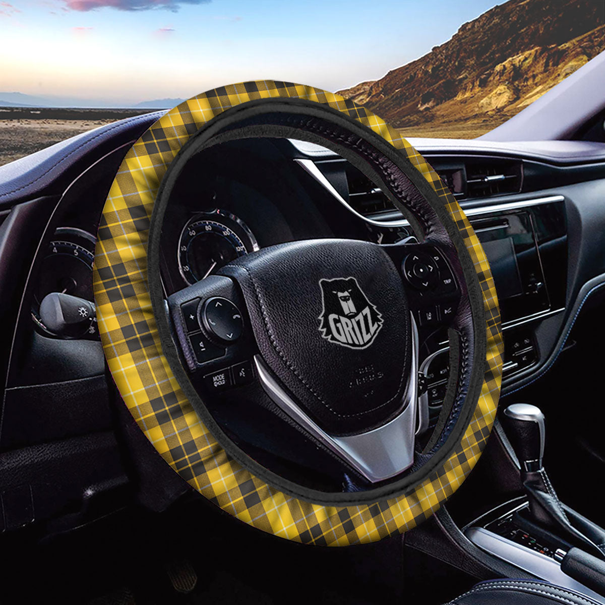 Tartan Yellow And Black Print Pattern Car Steering Wheel Cover-grizzshop