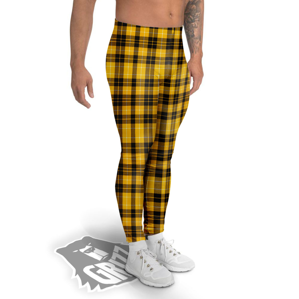 Tartan Yellow And Black Print Pattern Men's Leggings-grizzshop