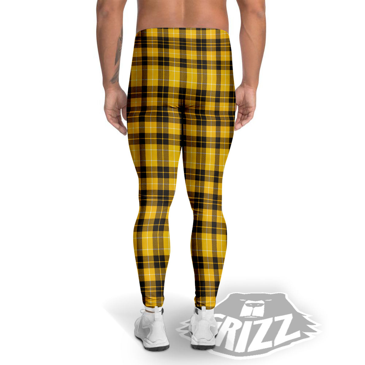 Tartan Yellow And Black Print Pattern Men's Leggings-grizzshop