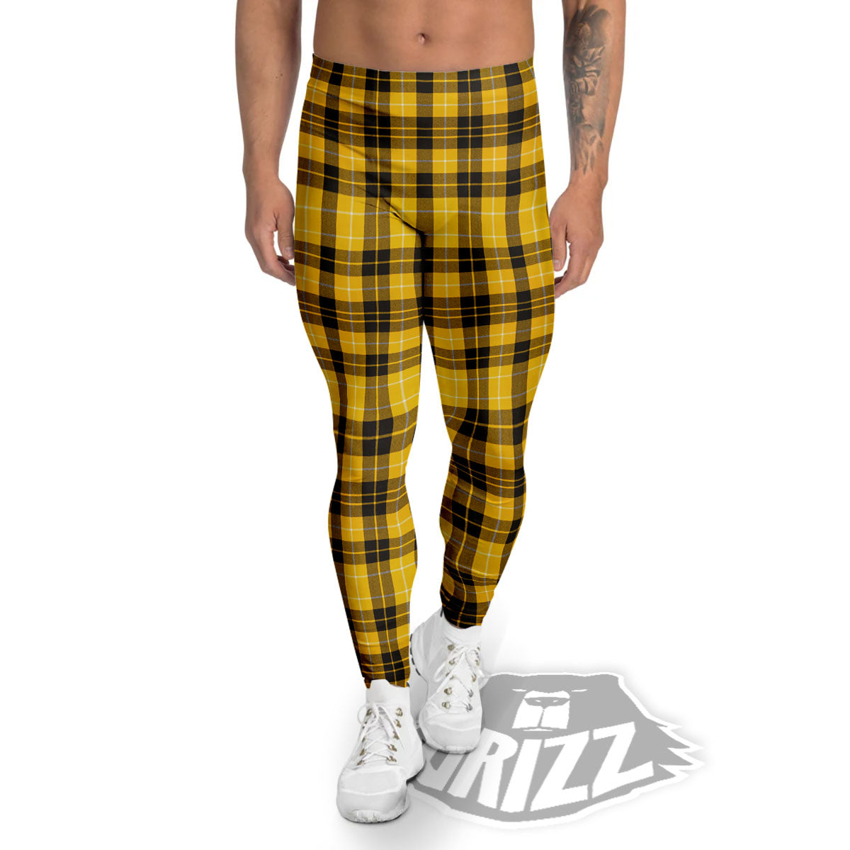 Tartan Yellow And Black Print Pattern Men's Leggings-grizzshop