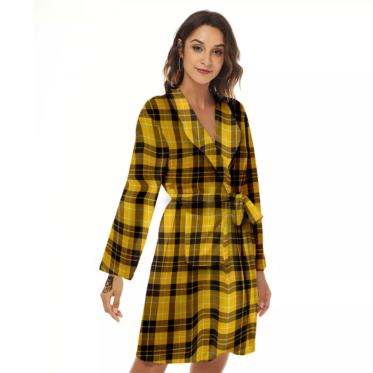 Tartan Yellow And Black Print Pattern Women's Robe-grizzshop