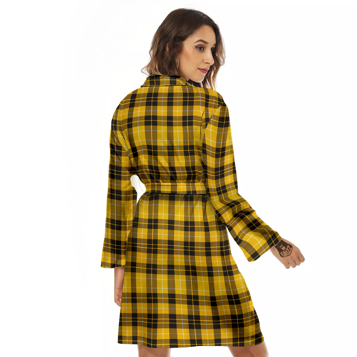 Tartan Yellow And Black Print Pattern Women's Robe-grizzshop