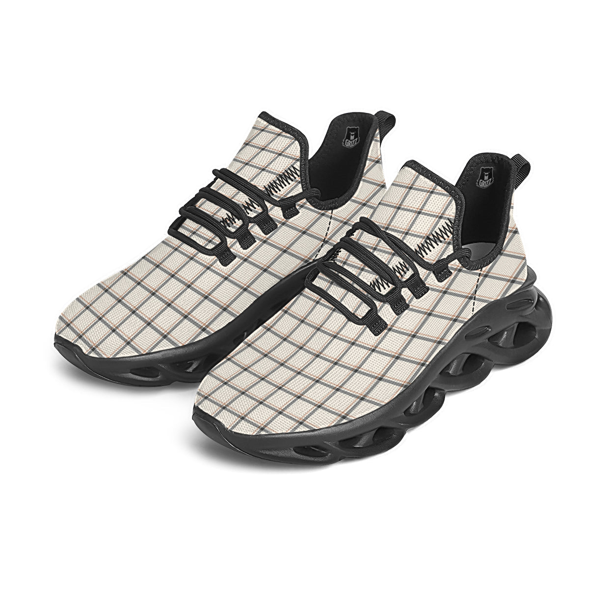 Tattersall Beige Print Pattern Black Running Shoes-grizzshop
