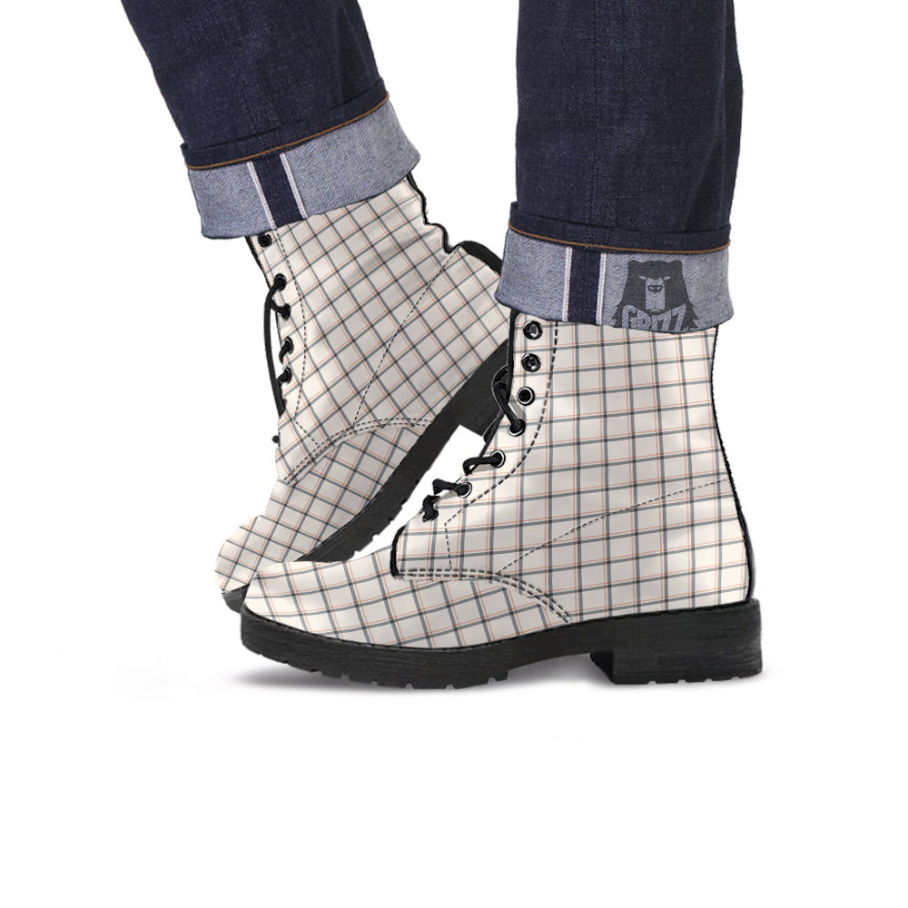 Tattersall Beige Print Pattern Leather Boots-grizzshop