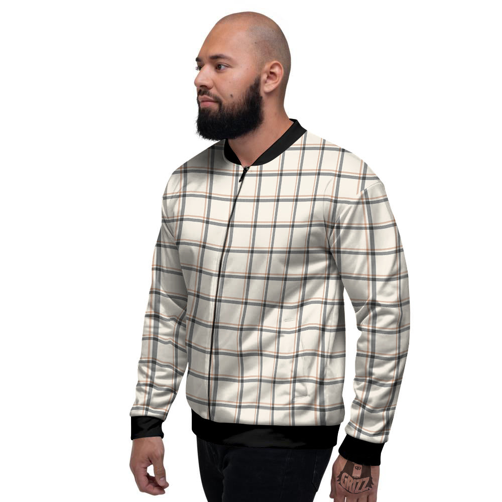 Tattersall Beige Print Pattern Men's Bomber Jacket-grizzshop