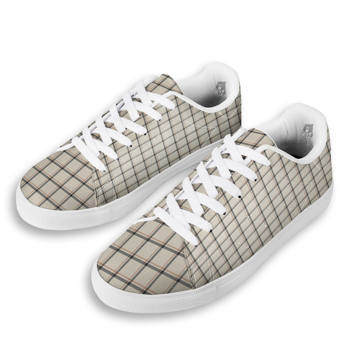 Tattersall Beige Print Pattern White Low Top Sneakers-grizzshop