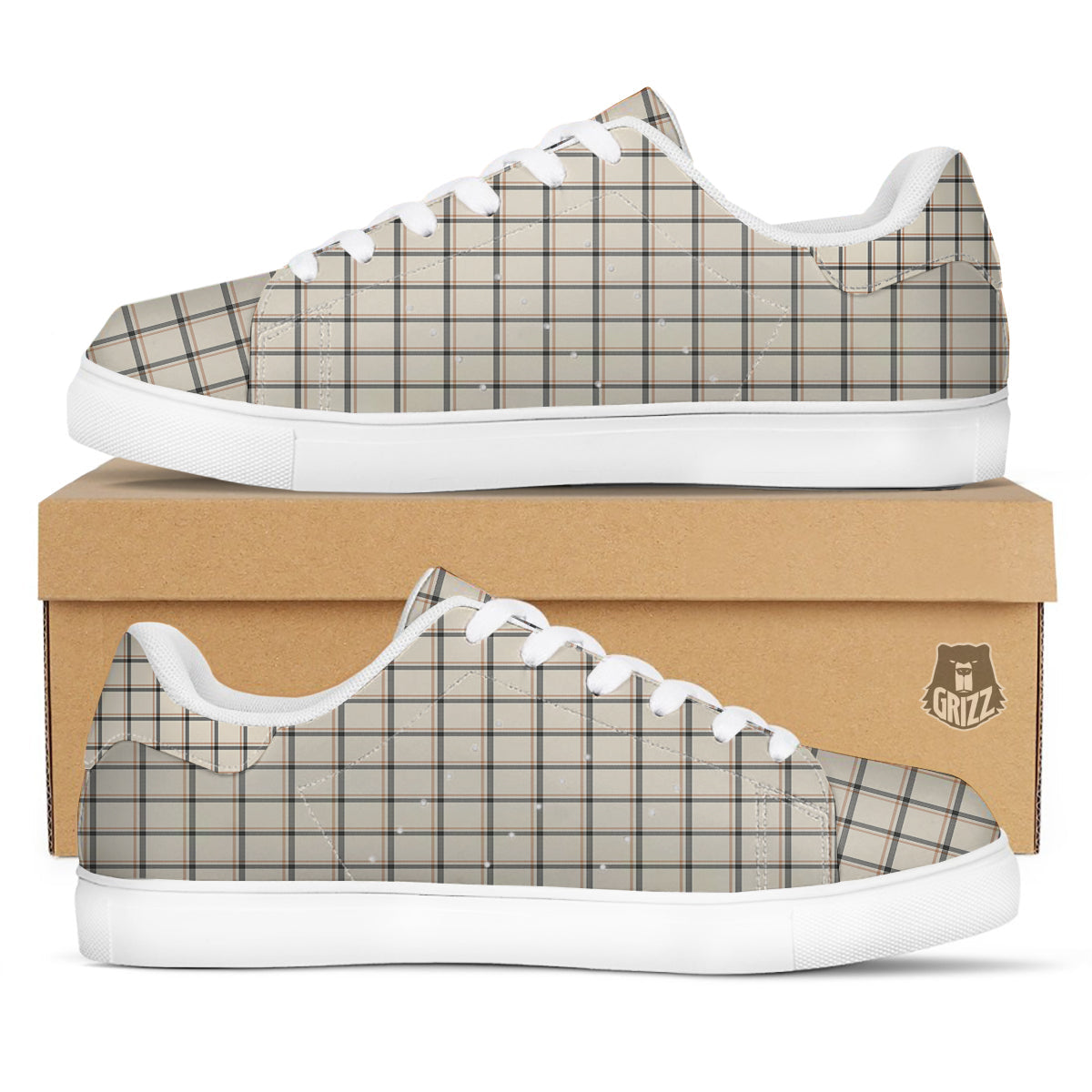 Tattersall Beige Print Pattern White Low Top Sneakers-grizzshop