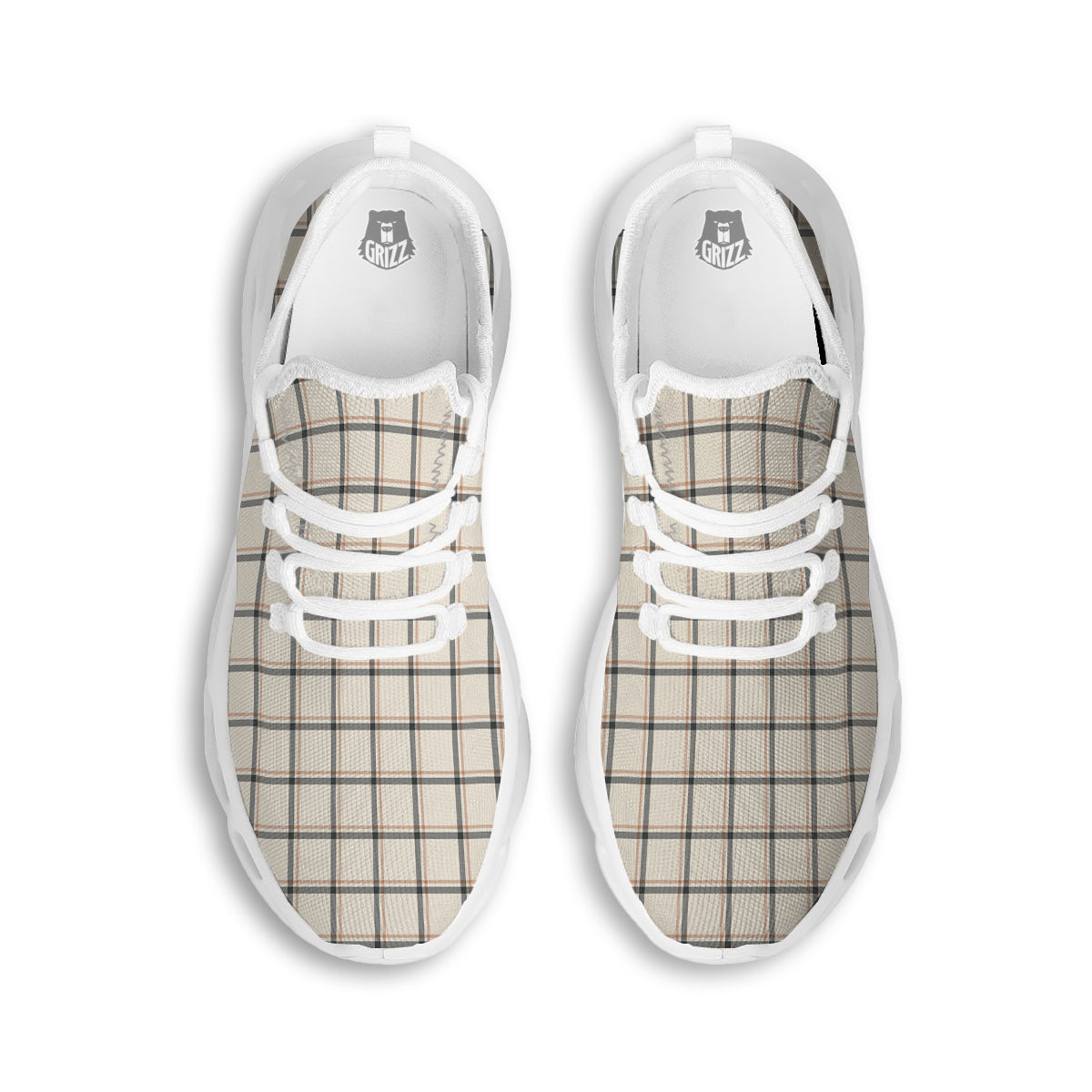 Tattersall Beige Print Pattern White Running Shoes-grizzshop