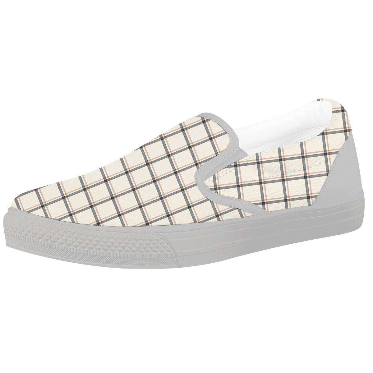 Tattersall Beige Print Pattern White Slip On Shoes-grizzshop