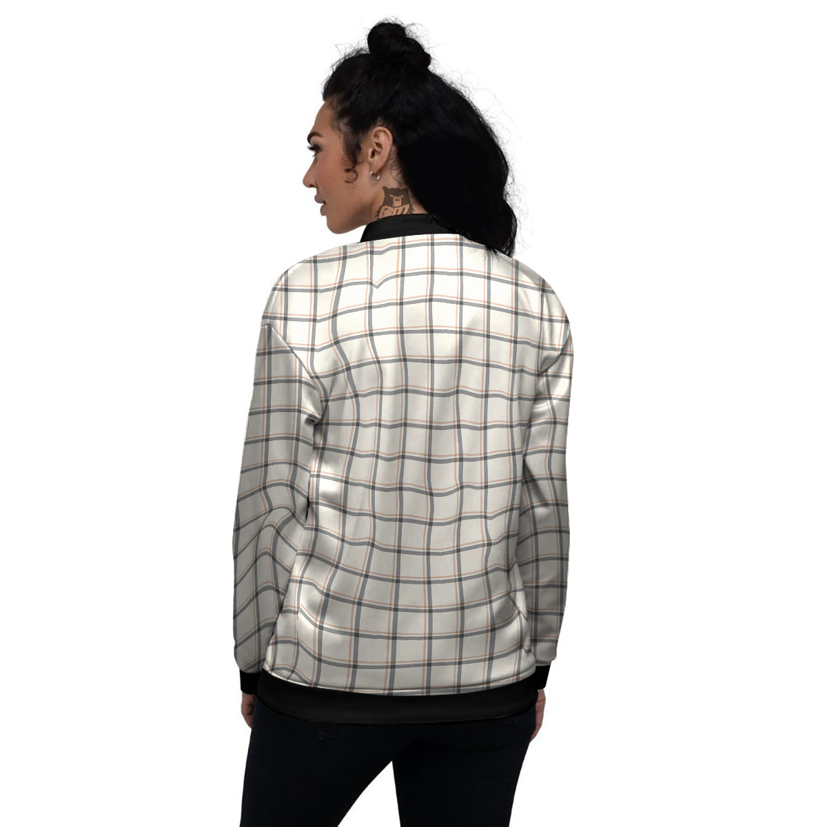 Tattersall Beige Print Pattern Women's Bomber Jacket-grizzshop