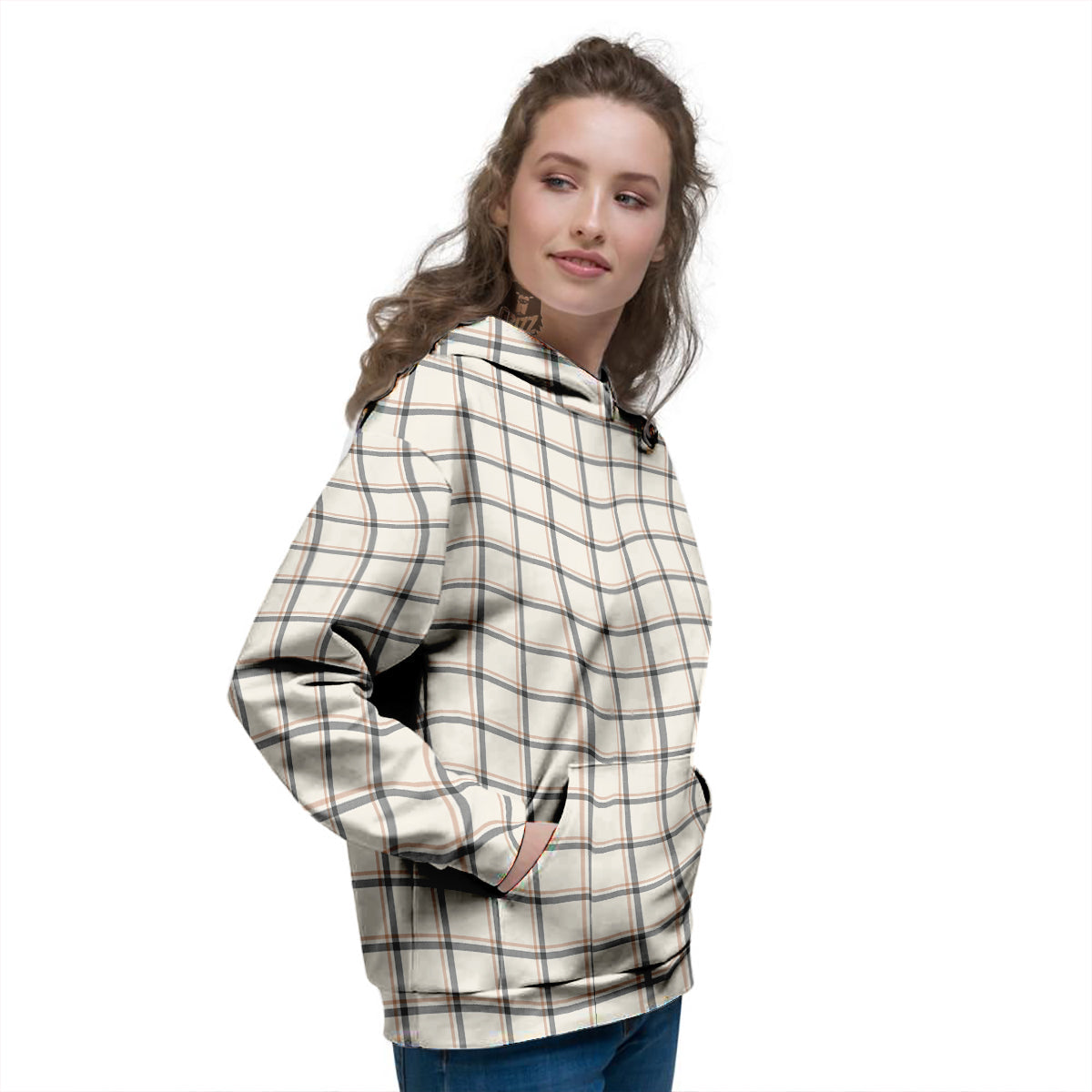 Tattersall Beige Print Pattern Women's Hoodie-grizzshop