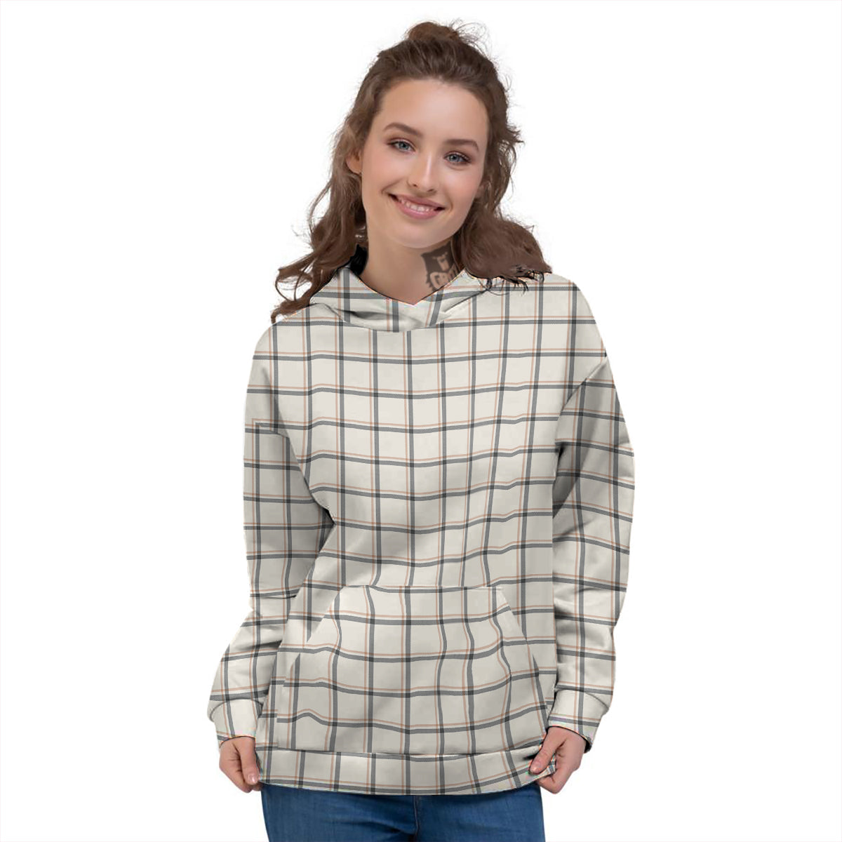 Tattersall Beige Print Pattern Women's Hoodie-grizzshop