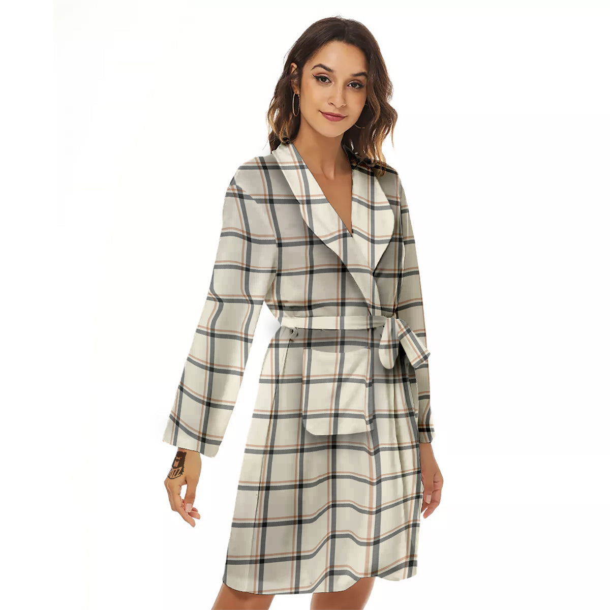 Tattersall Beige Print Pattern Women's Robe-grizzshop