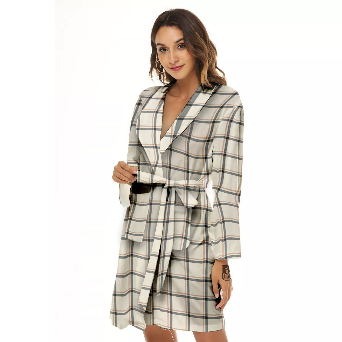 Tattersall Beige Print Pattern Women's Robe-grizzshop