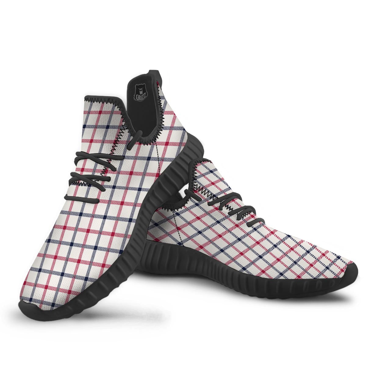 Tattersall Blue And Red Print Pattern Black Walking Shoes-grizzshop