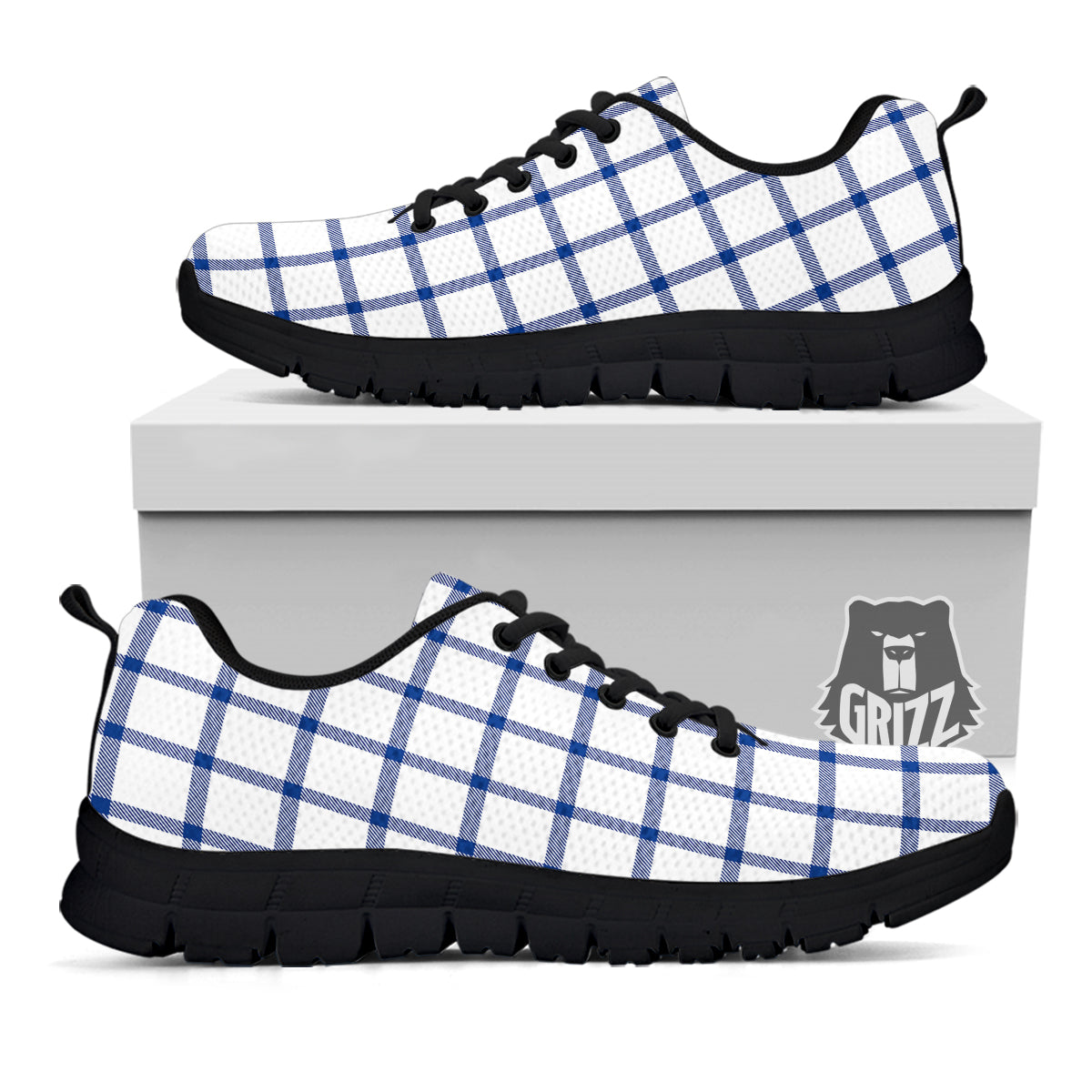 Tattersall Blue And White Print Pattern Black Sneaker-grizzshop