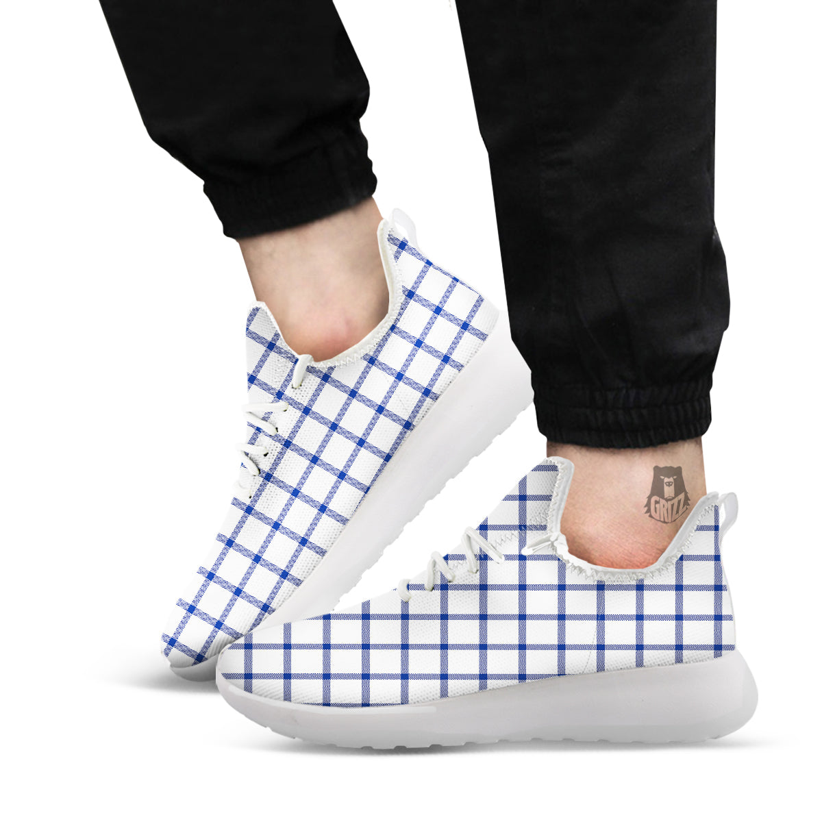 Tattersall Blue And White Print Pattern White Athletic Shoes-grizzshop