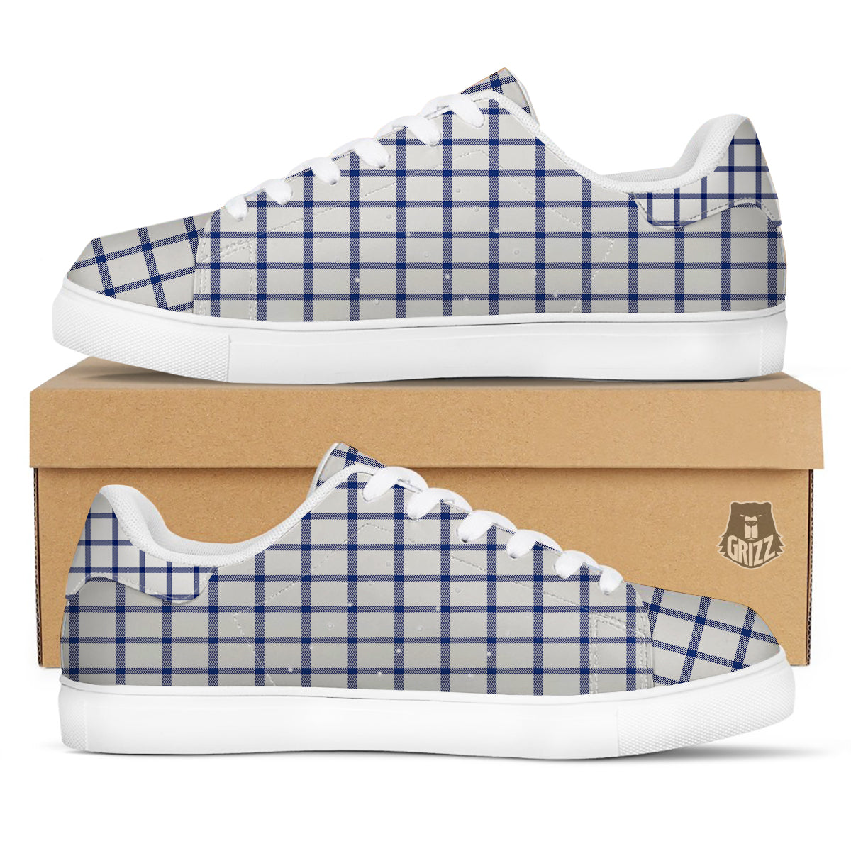 Tattersall Blue And White Print Pattern White Low Top Sneakers-grizzshop