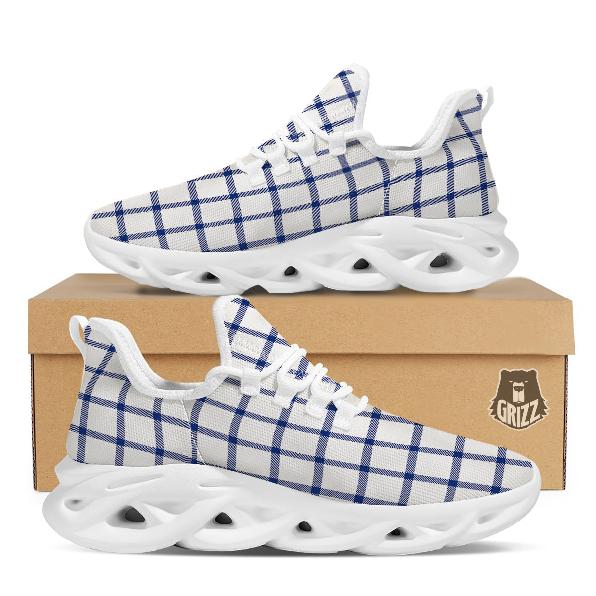 Tattersall Blue And White Print Pattern White Running Shoes-grizzshop