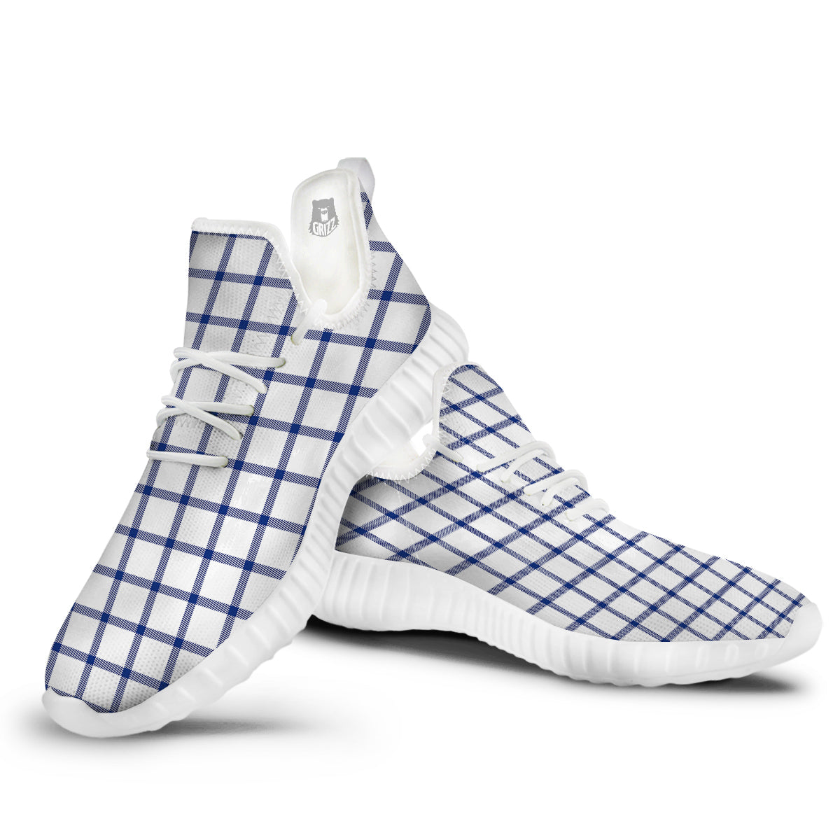 Tattersall Blue And White Print Pattern White Walking Shoes-grizzshop