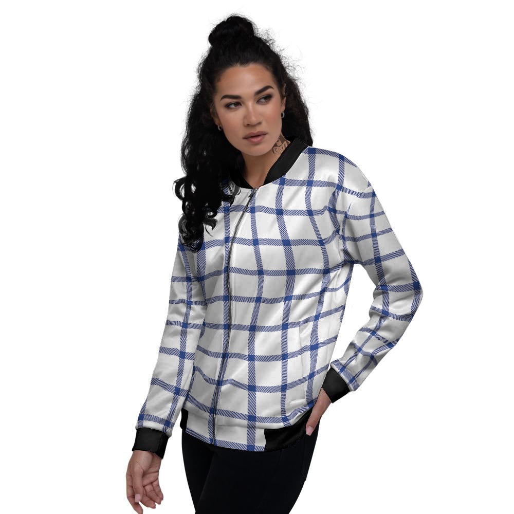 Tattersall Blue And White Print Pattern Women's Bomber Jacket-grizzshop