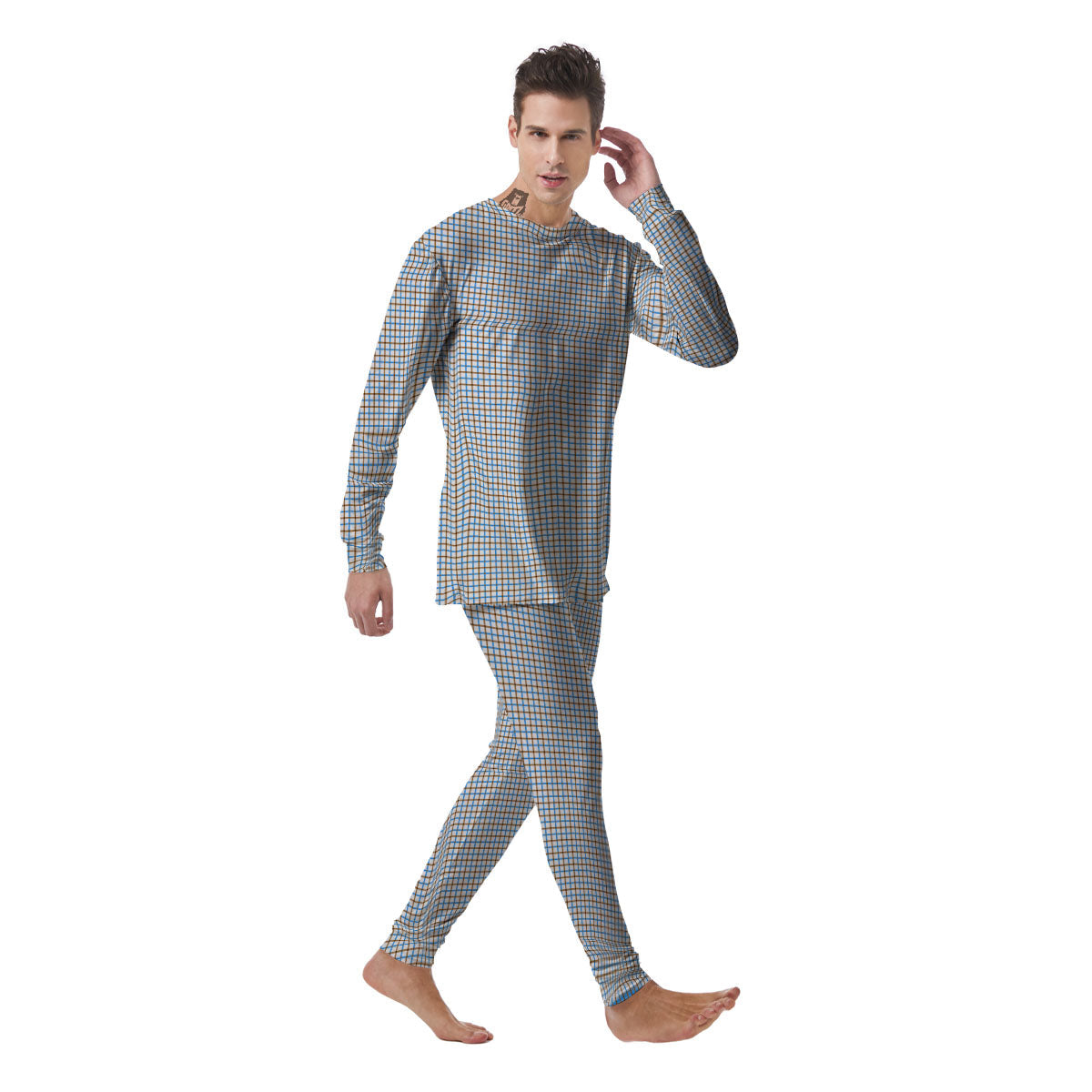 Tattersall Brown And Blue Print Pattern Men's Pajamas-grizzshop