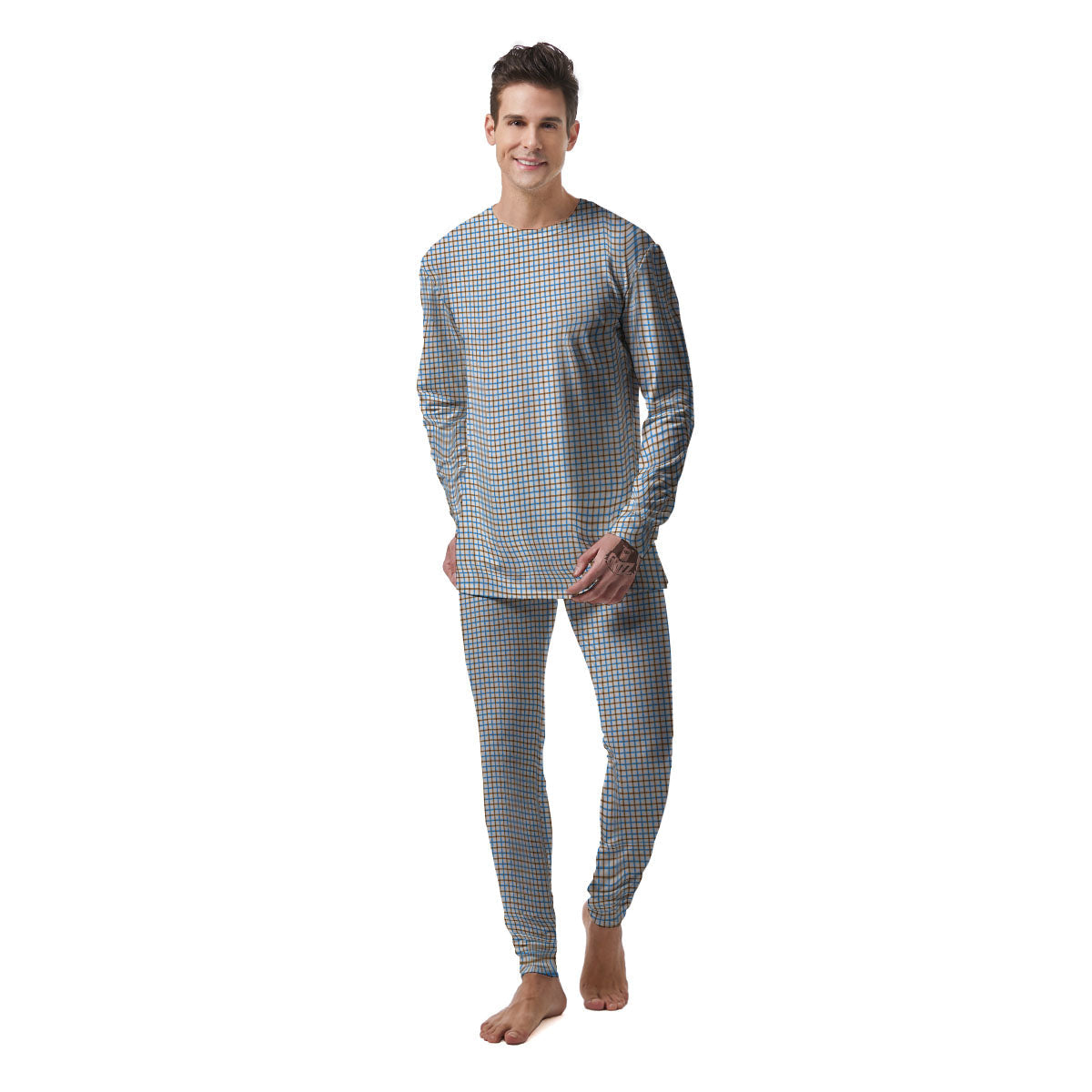 Tattersall Brown And Blue Print Pattern Men's Pajamas-grizzshop