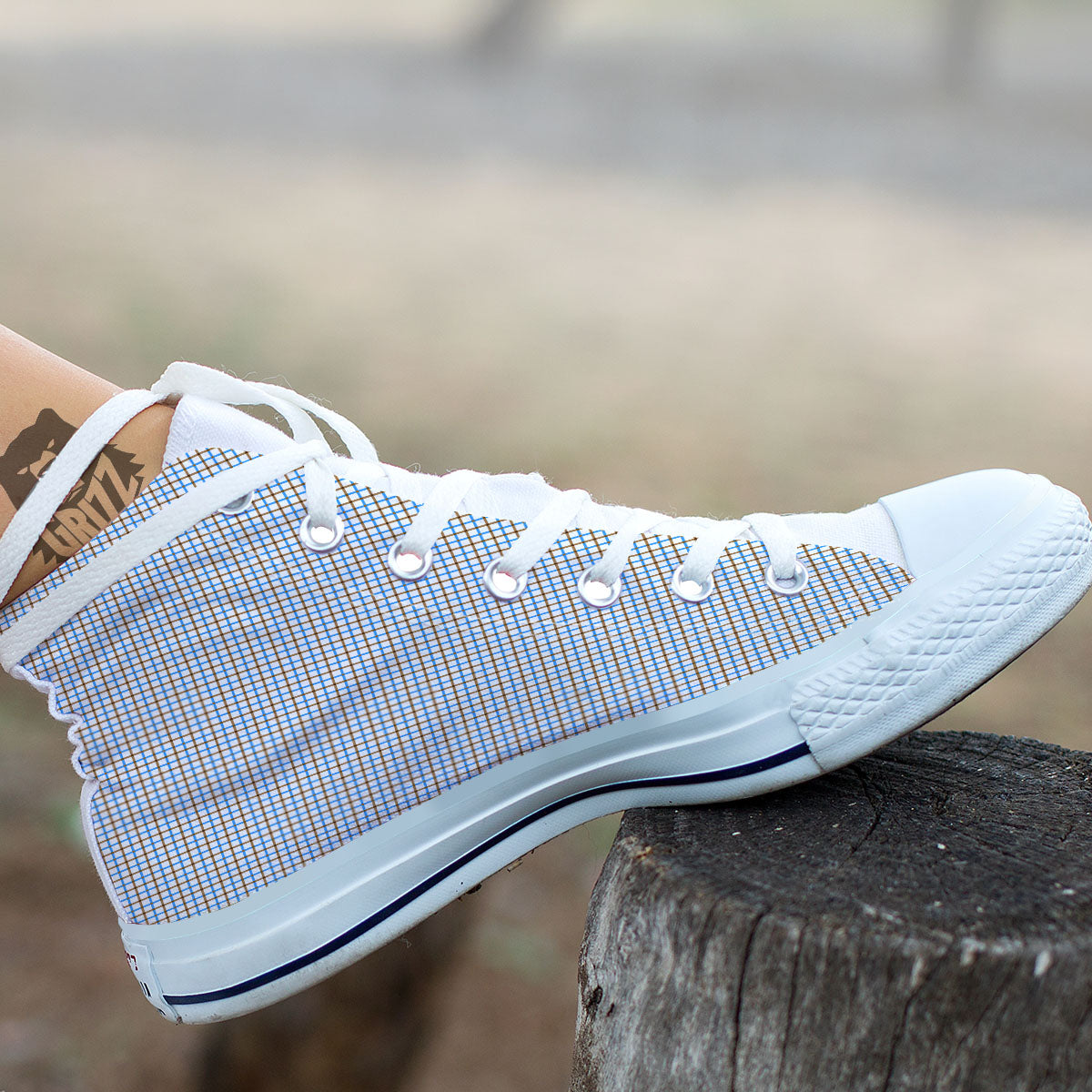 Tattersall Brown And Blue Print Pattern White High Top Shoes-grizzshop
