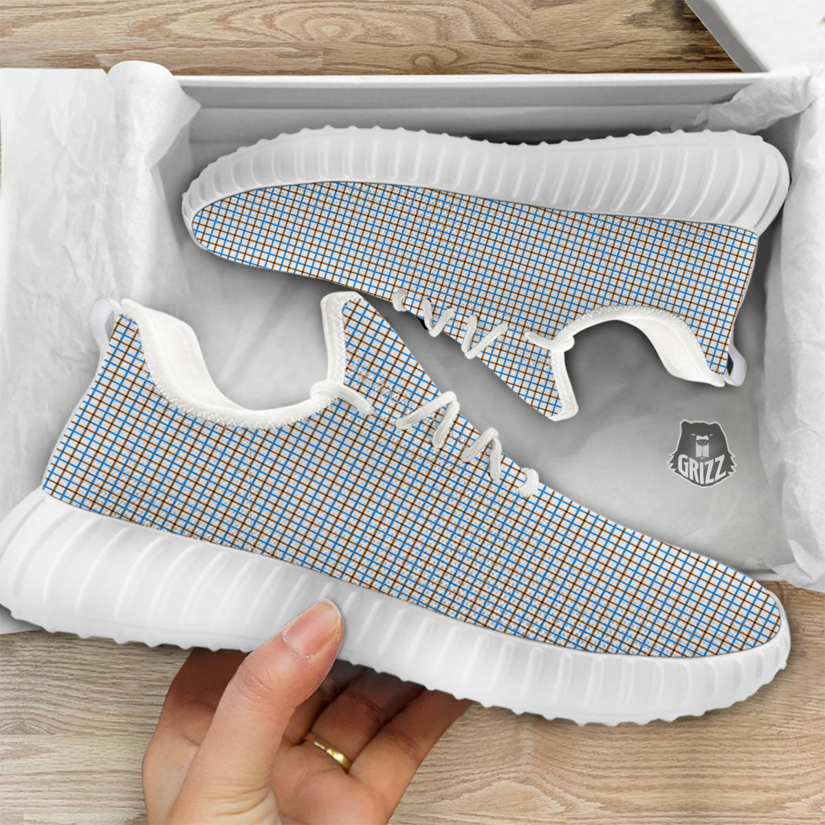 Tattersall Brown And Blue Print Pattern White Walking Shoes-grizzshop