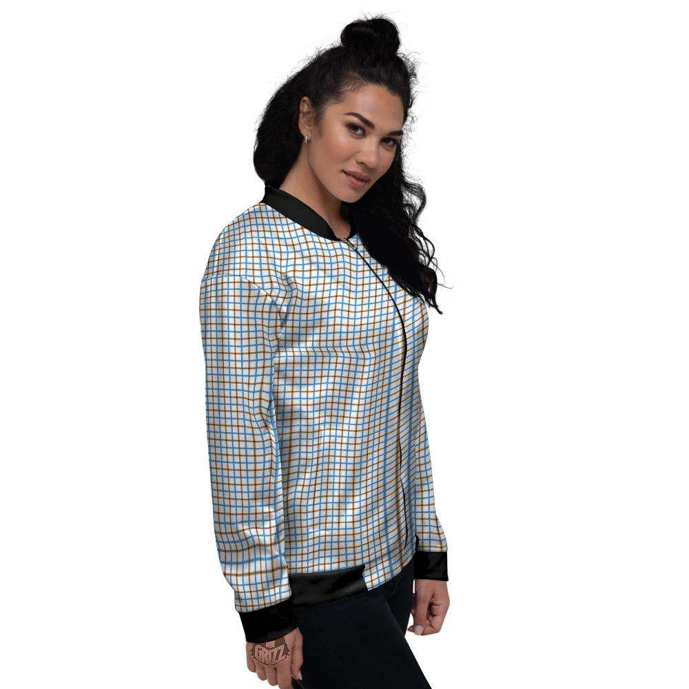 Tattersall Brown And Blue Print Pattern Women's Bomber Jacket-grizzshop