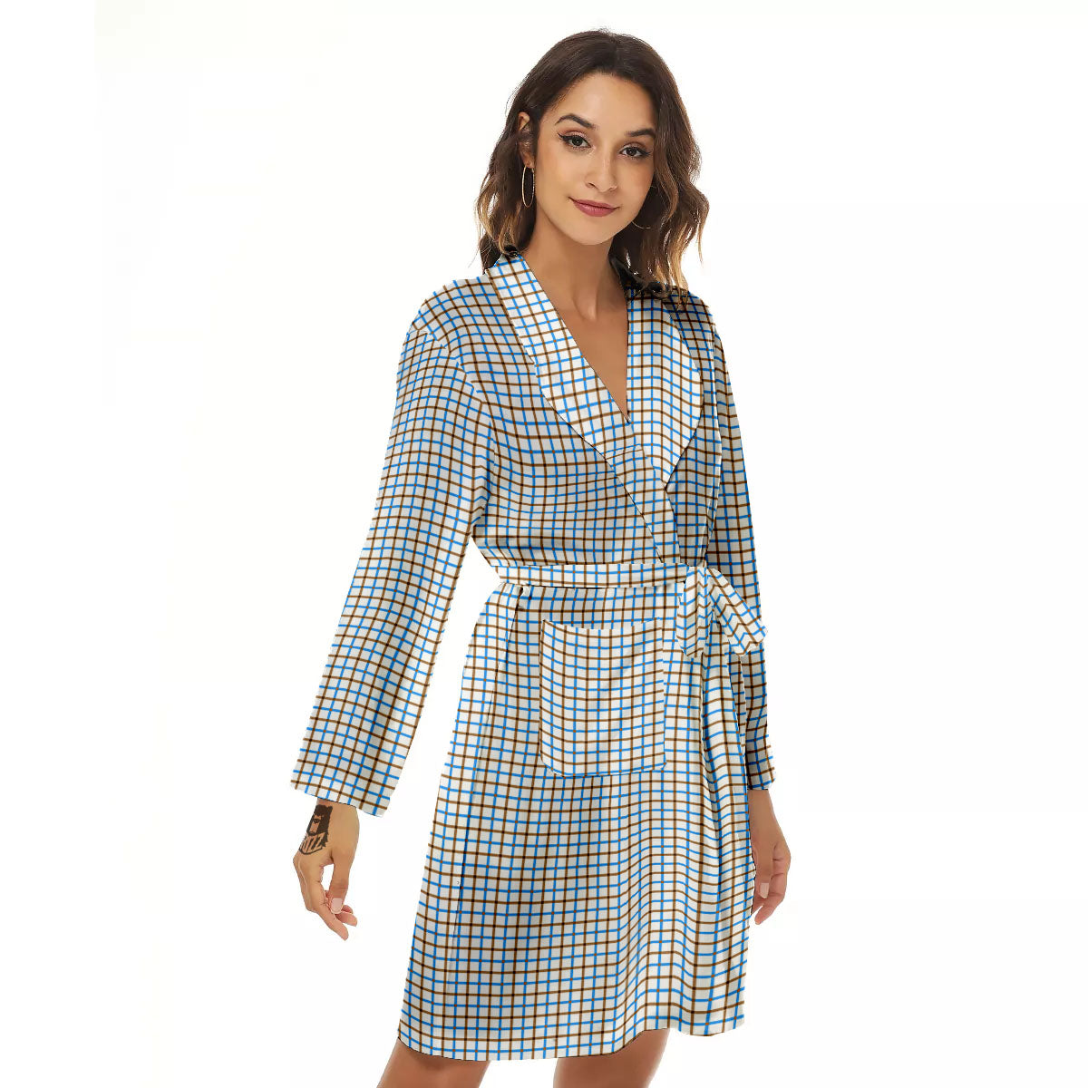 Tattersall Brown And Blue Print Pattern Women's Robe-grizzshop
