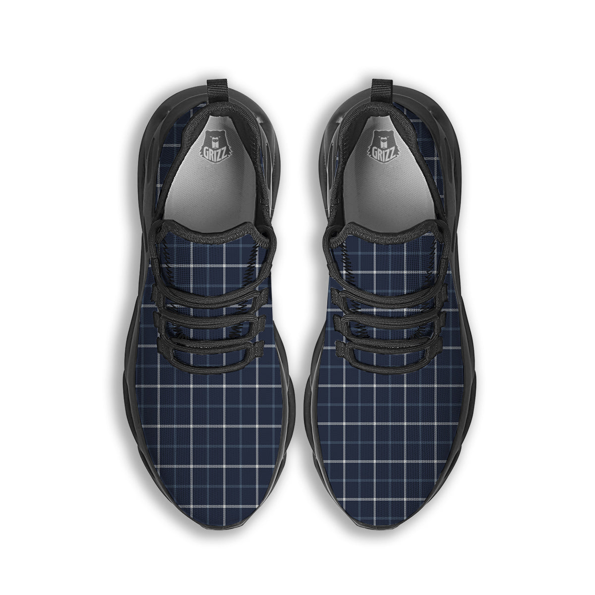 Tattersall Dark Blue Print Pattern Black Running Shoes-grizzshop