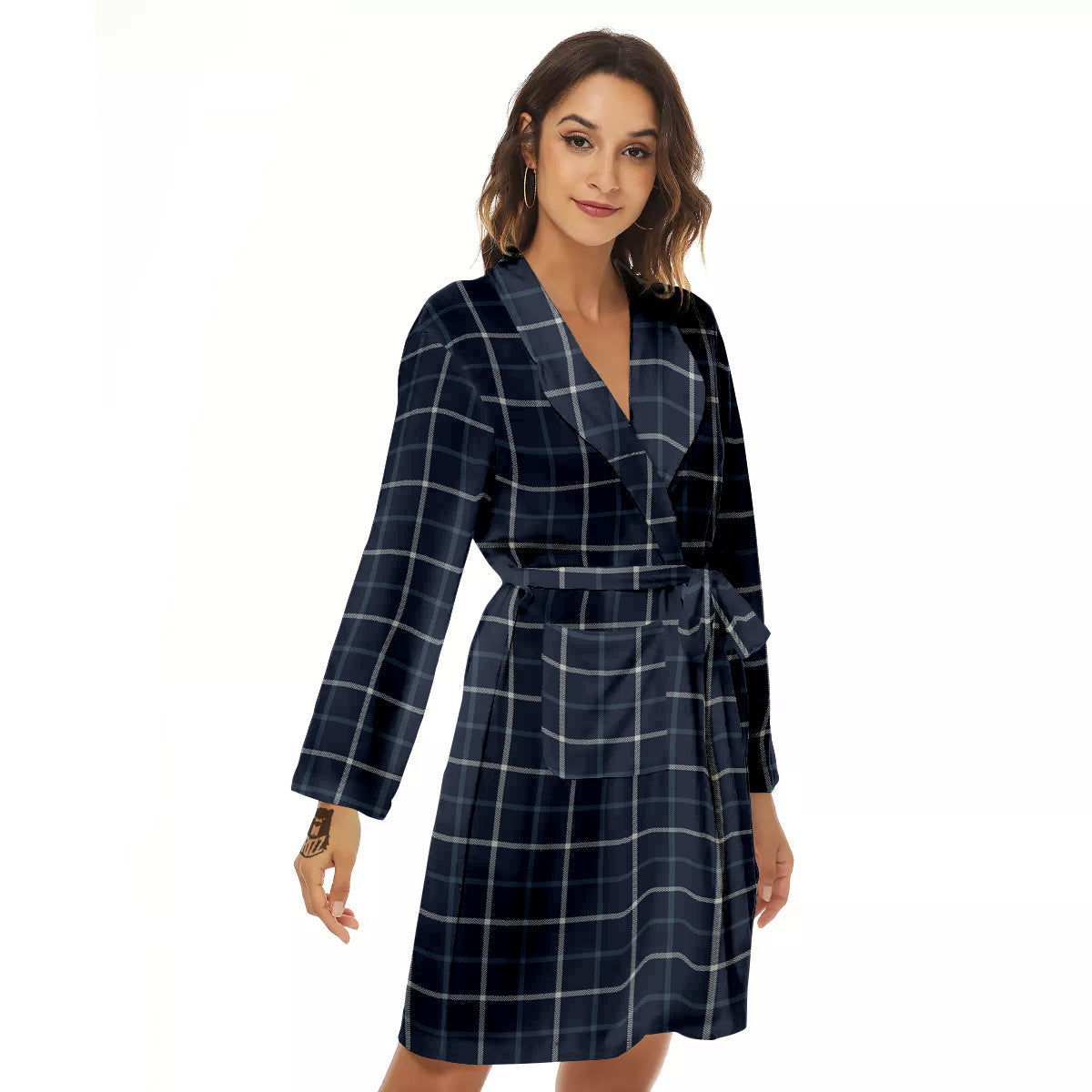 Tattersall Dark Blue Print Pattern Women's Robe-grizzshop