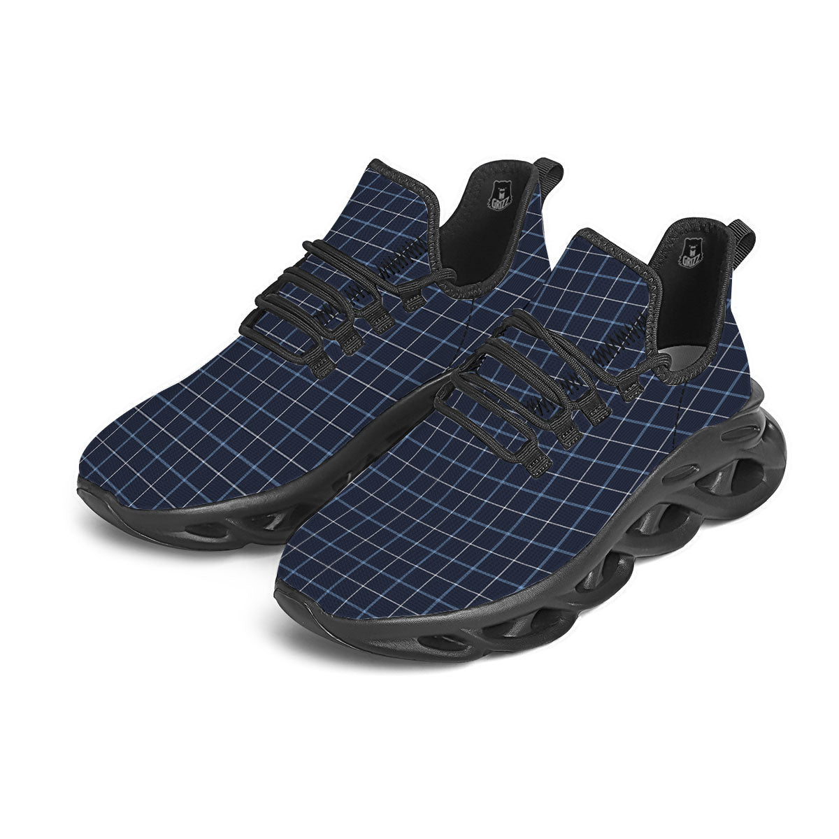 Tattersall Deep Blue Print Pattern Black Running Shoes-grizzshop
