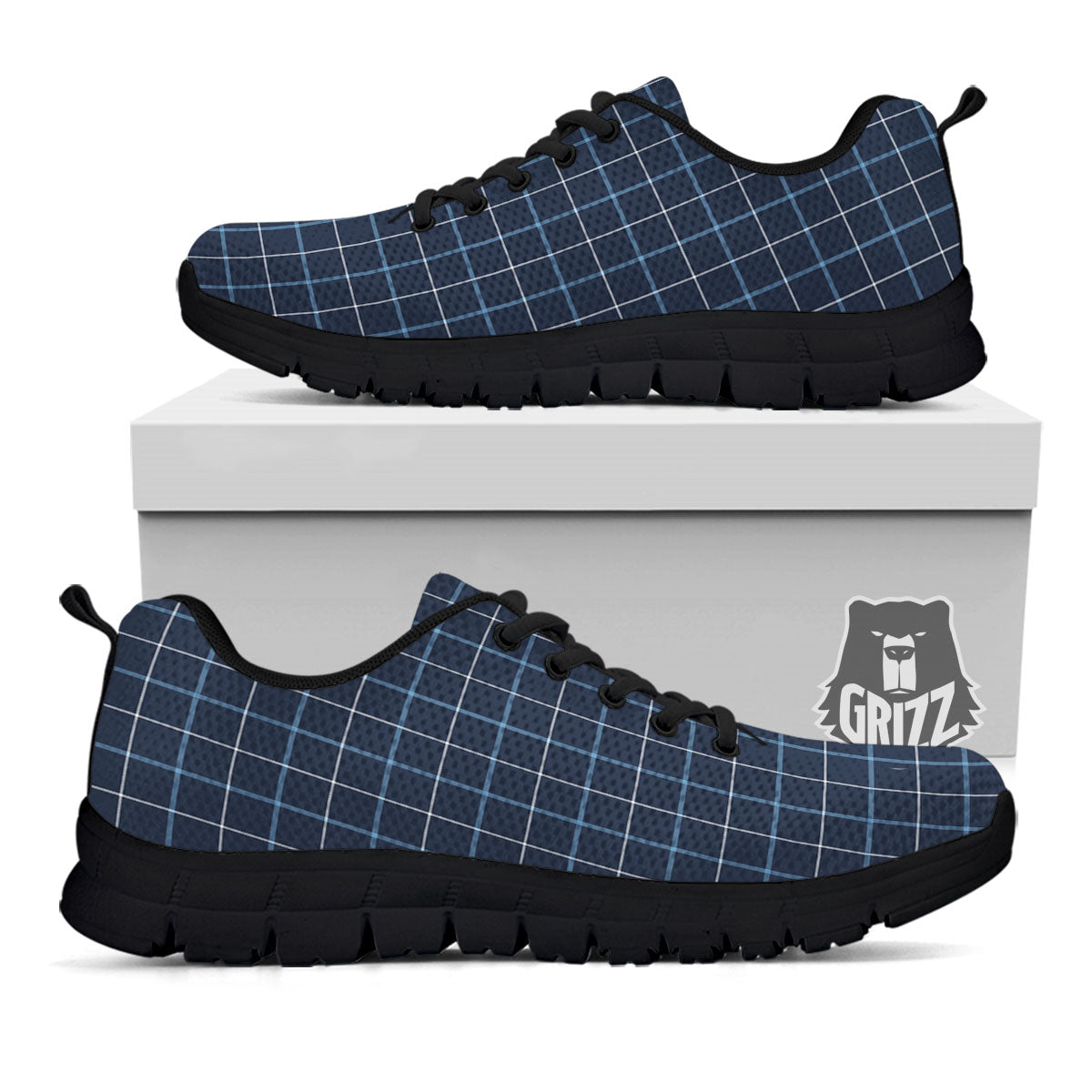 Tattersall Deep Blue Print Pattern Black Sneaker-grizzshop