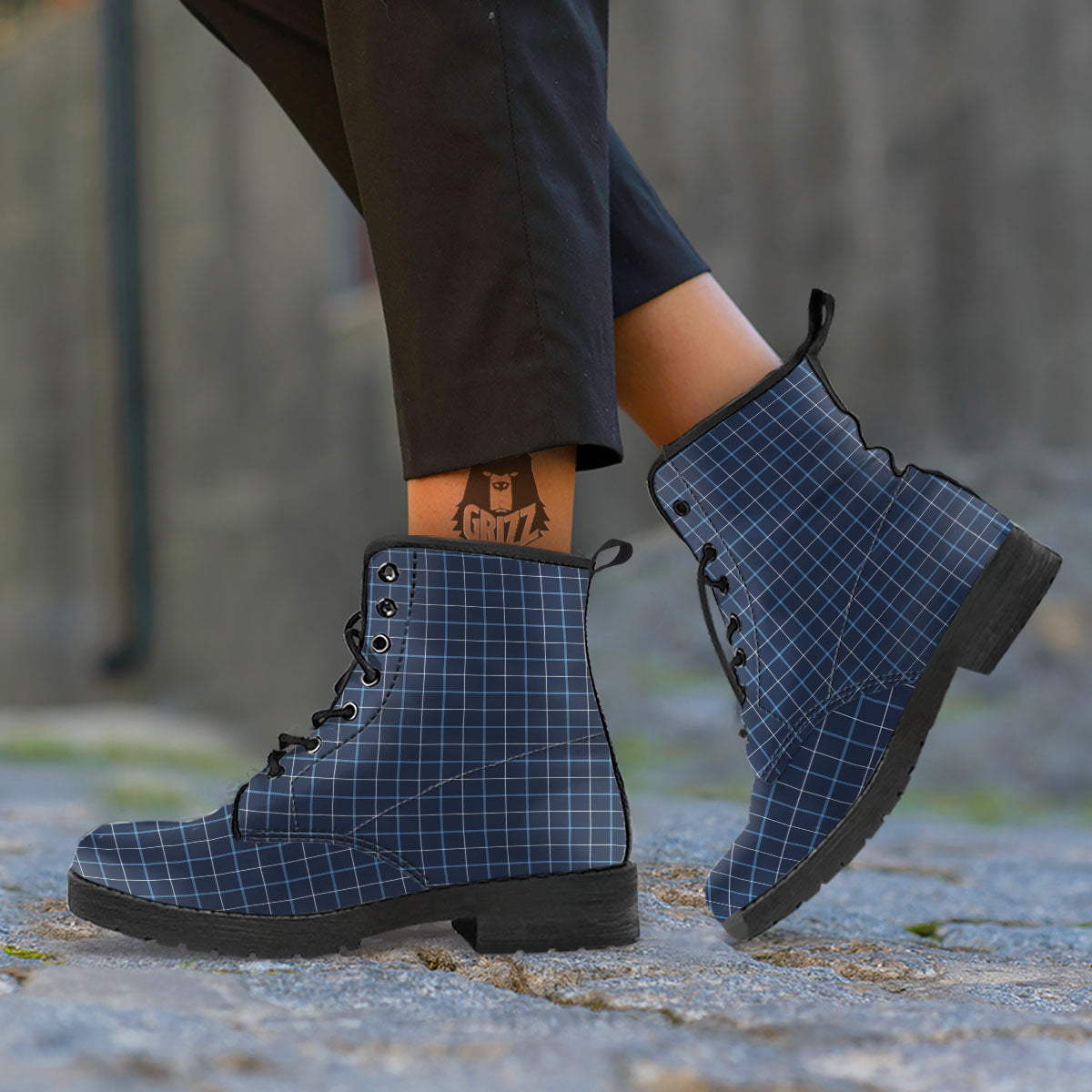 Tattersall Deep Blue Print Pattern Leather Boots-grizzshop