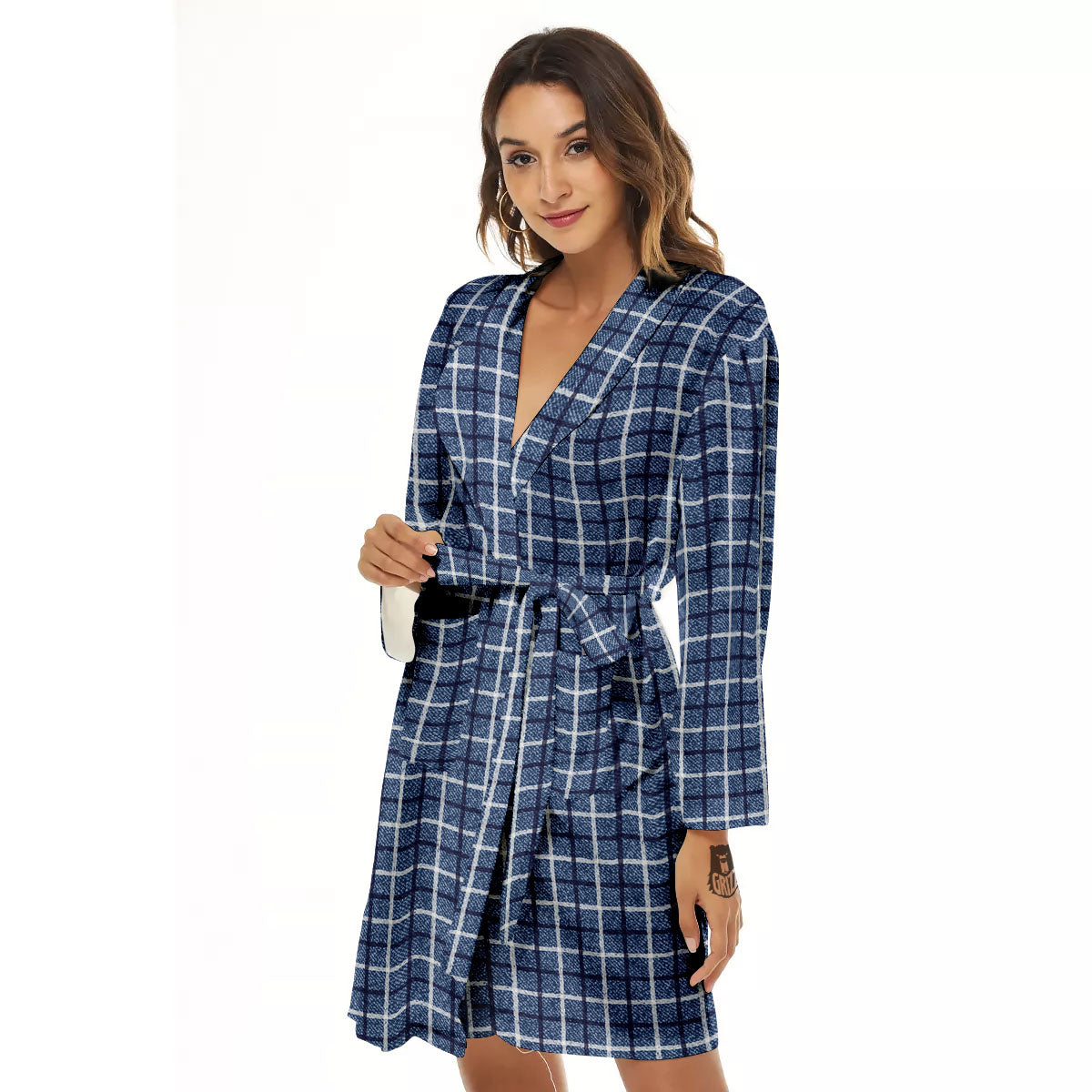 Tattersall Denim Print Pattern Women's Robe-grizzshop