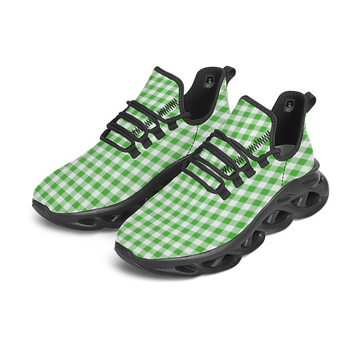 Tattersall Green Print Pattern Black Running Shoes-grizzshop