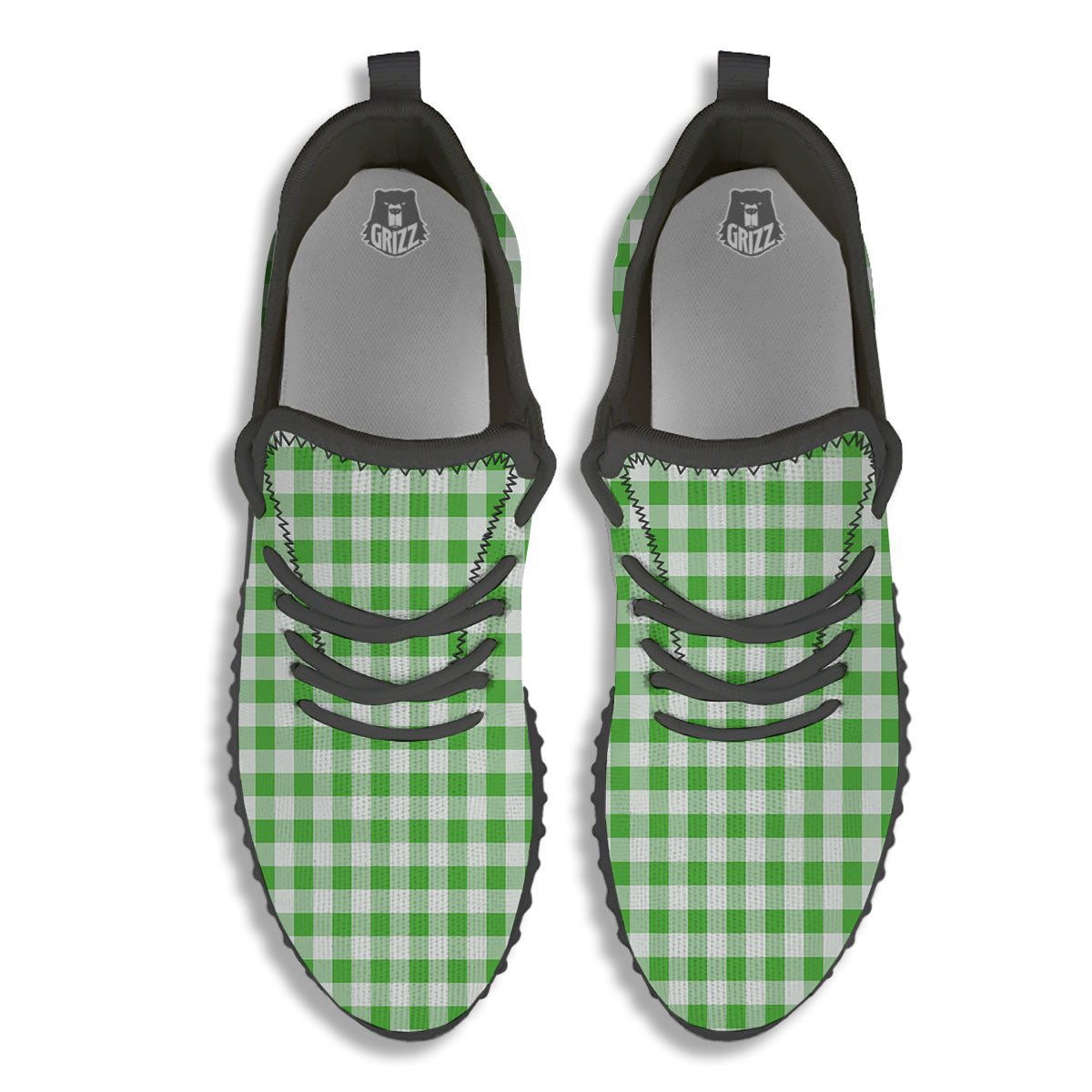 Tattersall Green Print Pattern Black Walking Shoes-grizzshop
