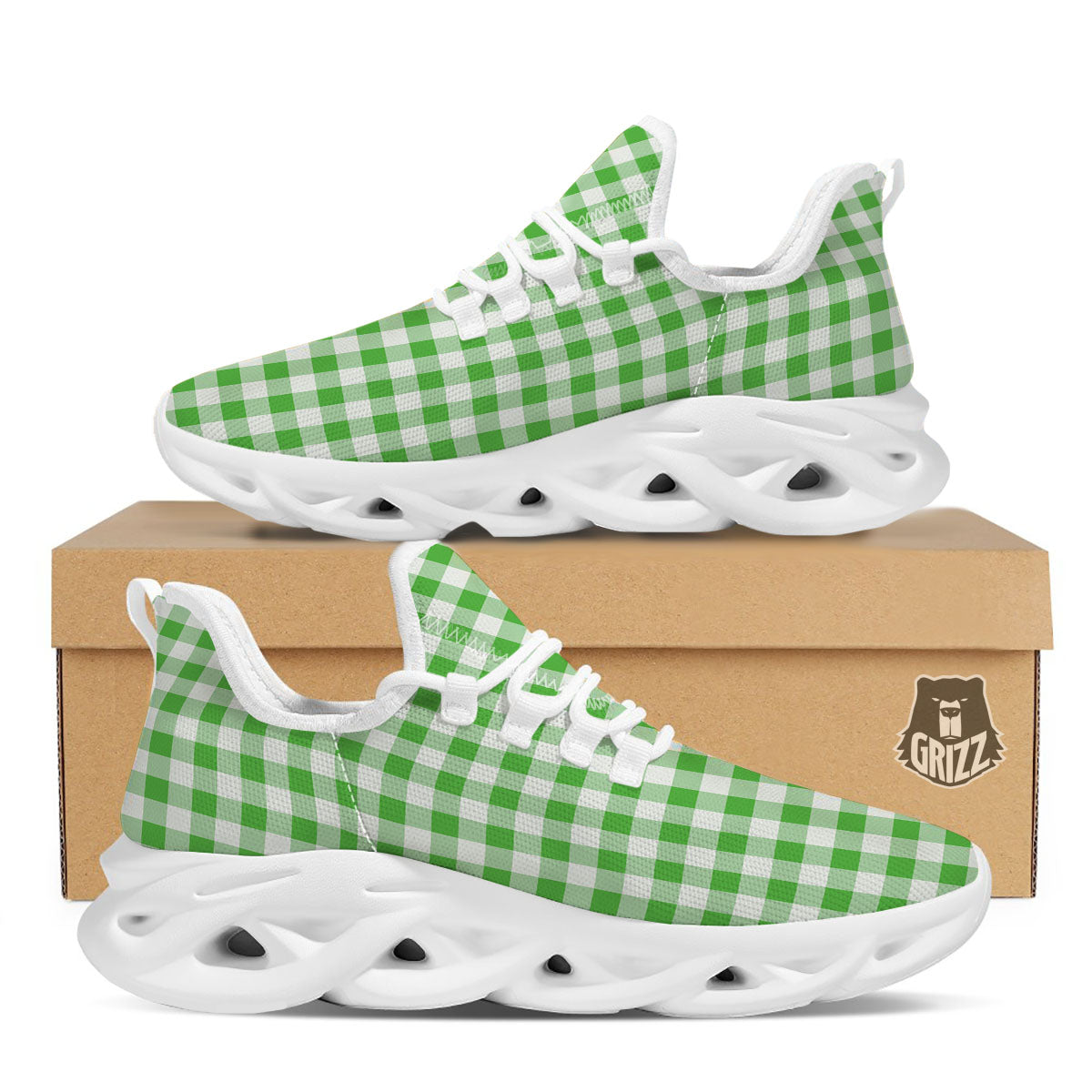 Tattersall Green Print Pattern White Running Shoes-grizzshop