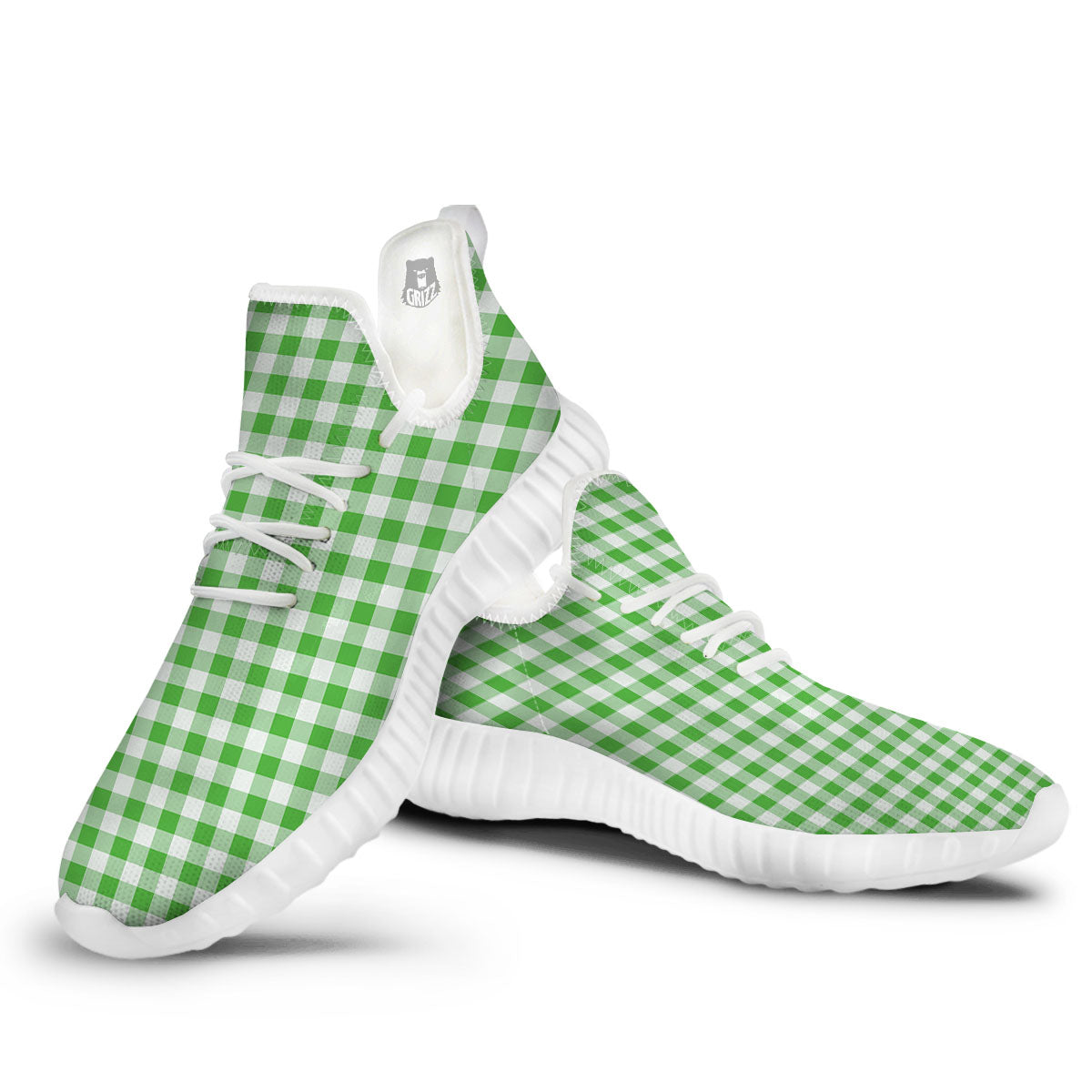Tattersall Green Print Pattern White Walking Shoes-grizzshop
