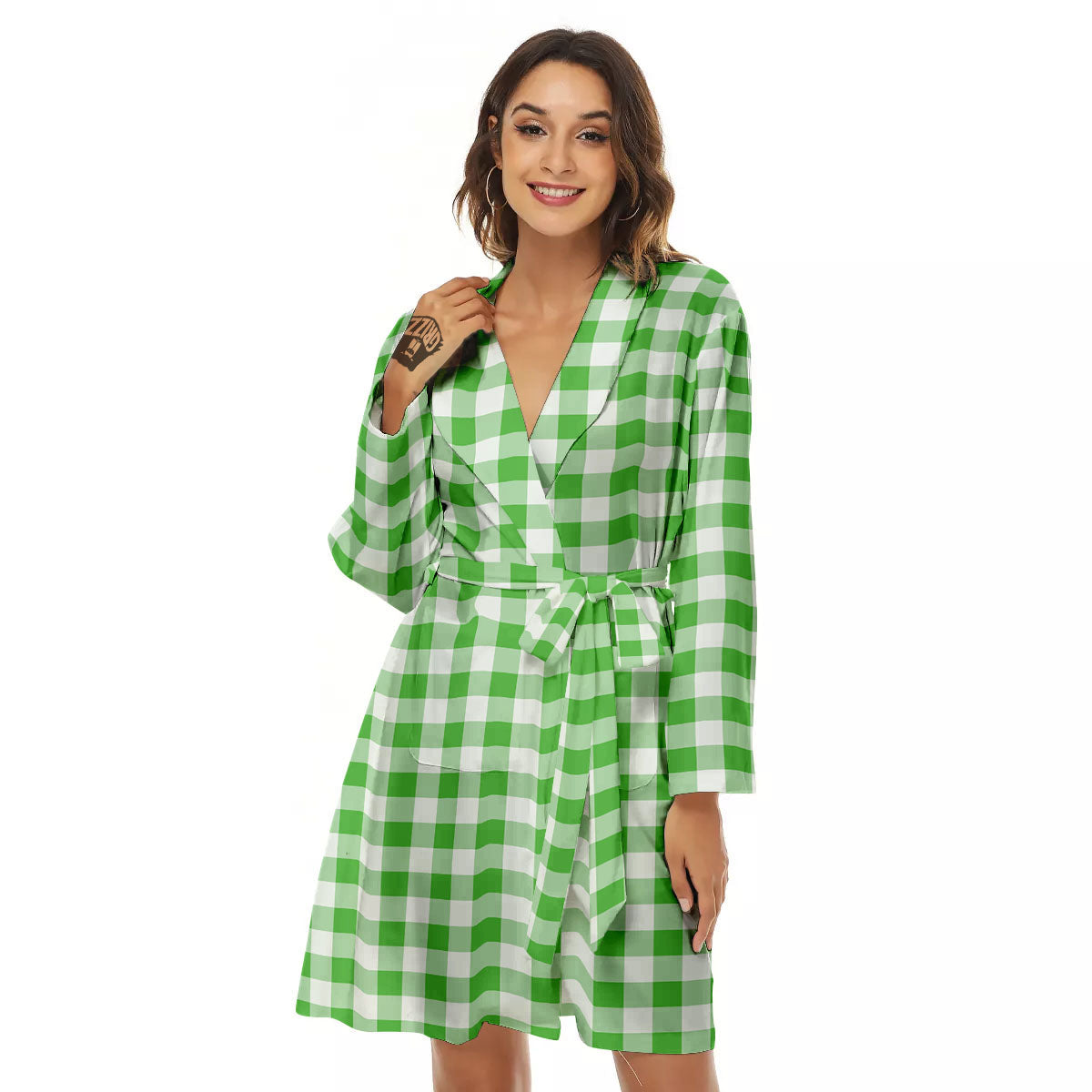 Tattersall Green Print Pattern Women's Robe-grizzshop
