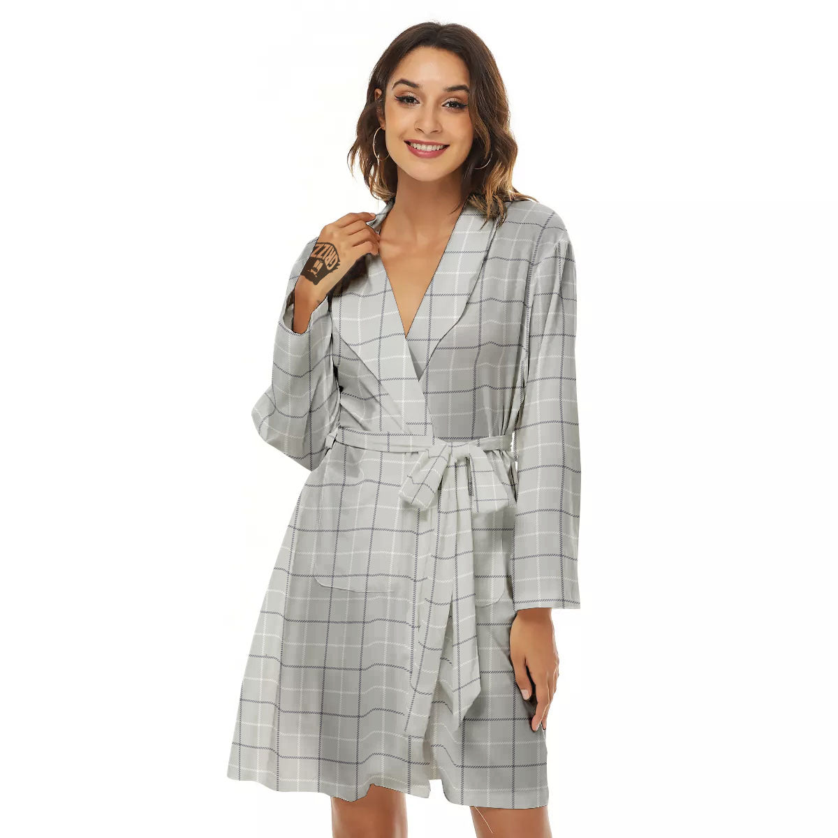 Tattersall Grey Print Pattern Women's Robe-grizzshop