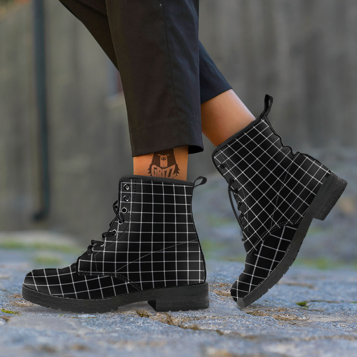Tattersall Navy Print Pattern Leather Boots-grizzshop