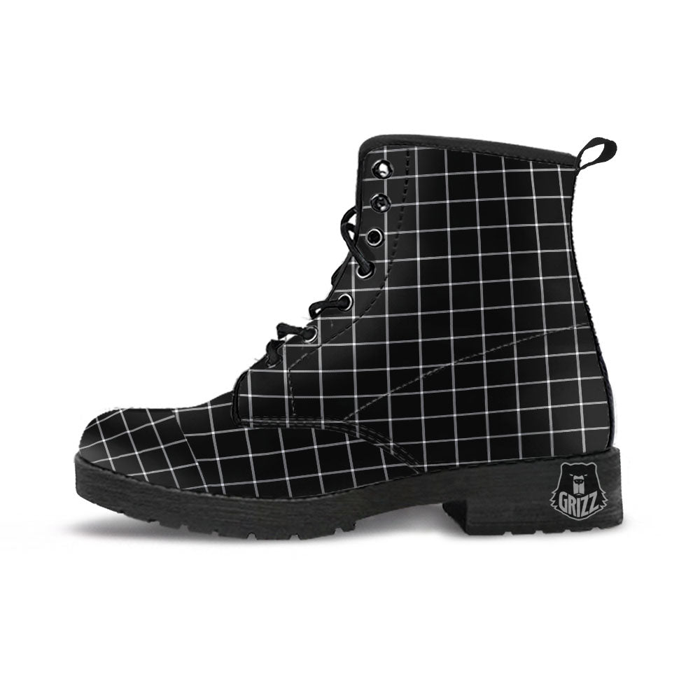 Tattersall Navy Print Pattern Leather Boots-grizzshop