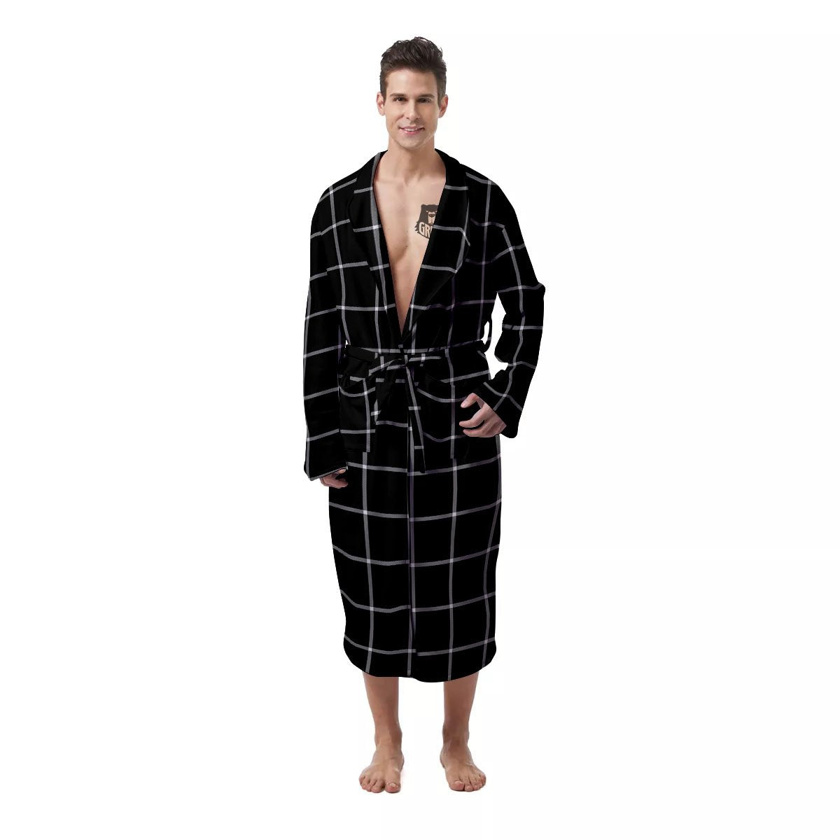 Tattersall Navy Print Pattern Men's Robe-grizzshop