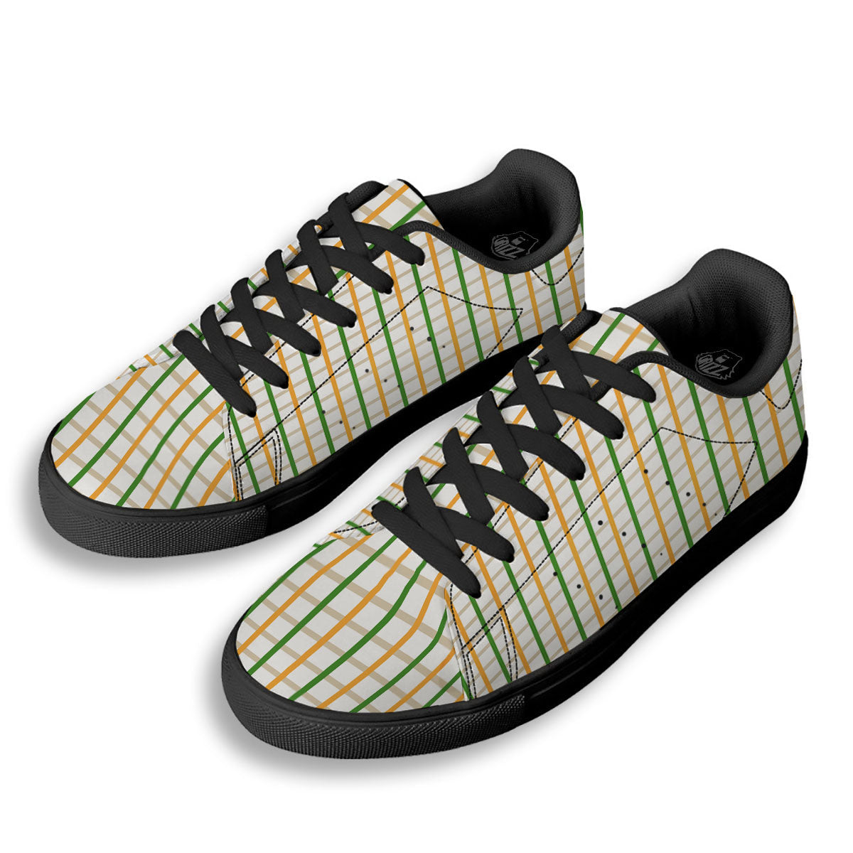 Tattersall Orange And Green Line Print Black Low Top Sneakers-grizzshop